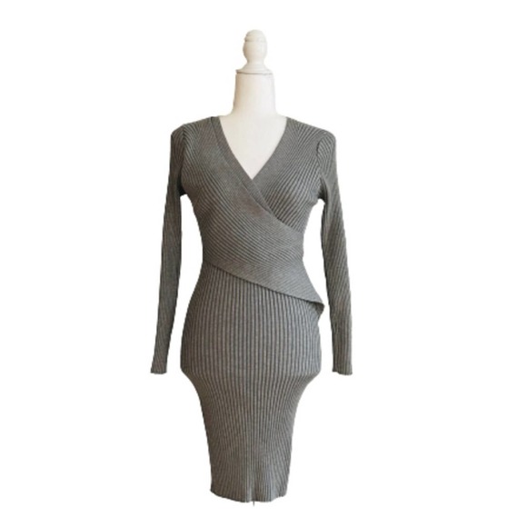 Tam Ware Dress Gray Ribbed Knit V Neck Long Sleeve Sweater Bodycon Dress Small - Picture 12 of 12